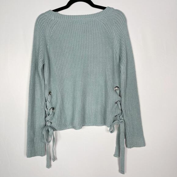 She + Sky Small S Teal Green Side Tie Lace Up Pullover Sweater Scoop Neck Cozy - Picture 2 of 9